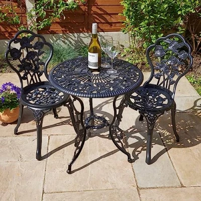 Image of Home Source Rose Garden Patio Outdoor Bistro Set Table and 2 Chairs Metal Furniture, Black