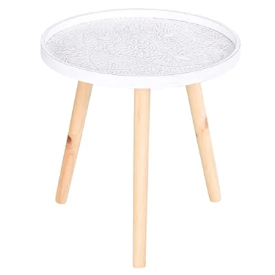 Image of HOMCOM Coffee Table, Carved Floral Round Table with Tray style Top and Wood Legs, Modern Side for Living Room, White