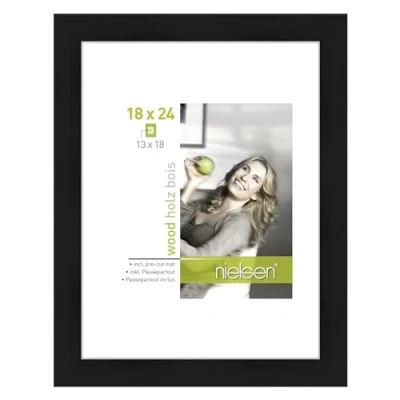 Image of accent by nielsen Apollon Photo Frame Black 18x24cm Wooden Picture with White Mount to Fit 5x7 Photograph, Protective Float Glass and Push Turn Clips