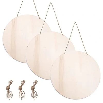 Image of 3 Pcs Unfinished Hanging Wood Signs 30cm Circles for Crafts 3mm Thick Wooden Plaques Blank Decorative Plaque, Round Sign with Ropes Painting Pyrography Writing DIY Home Decor