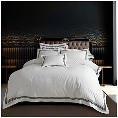 Image of Luxury Bordered Striped Duvet Covers, Embroidered Bedding Sets King Size, Warm Bed Cover, White/Black