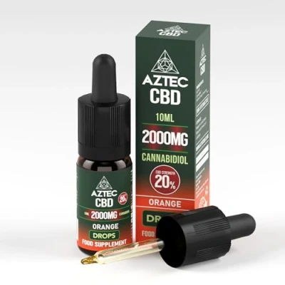 Image of Aztec CBD Highest Strength Oil Drops, Vegan, Halal, Non GMO, All Natural, Purest Quality, THC Free 10ml. (2000mg (20%), Orange (MCT Oil))
