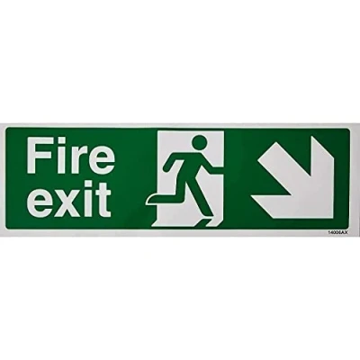 Image of V Safety Fire Exit Arrow Down Right Sign 300mm x 100mm Self Adhesive Vinyl