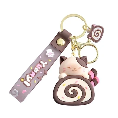 Image of CAOXIAN Cute Cat Egg Roll Key Chain Kawaii Kitty Cake Doll School Bag Accessories Keyring Cartoon Pendant Keyfob for Couple Jewelry Gift