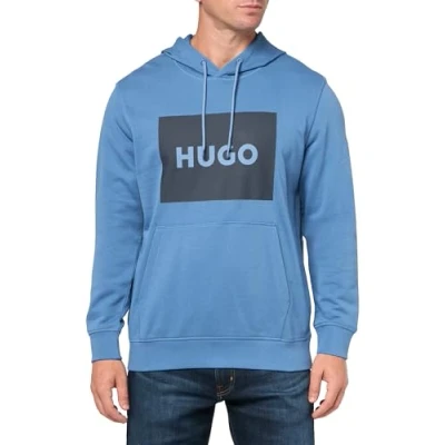 Image of HUGO Men&#039;s Regular Fit Square Logo Hooded Jersey Sweatshirt, Blue Explorer, M