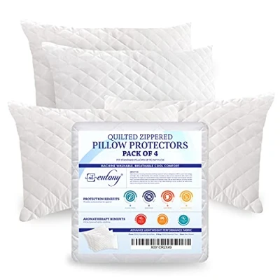 Image of Eutony Pillow Protectors 4 Pack Quilted Zipped Ultra Luxe Protectors, Soft &amp; Breathable Hypoallergenic 50 x 75cm White