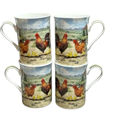 Image of Cockerel &amp; Hen Design Set of 4 Hot Coffee Tea Latte