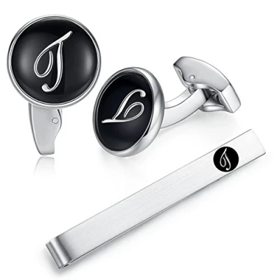Image of HONEY BEAR Initial Alphabet Letter Cufflinks Tie Clip Set for Mens Black Round Stainless Steel, Business Wedding Gift A Z (T)