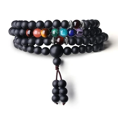 Image of COAI 108 Japa Mala 7 Chakra Onyx Stone Wrap Bracelet Necklace