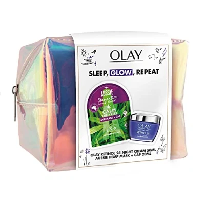 Image of Sleep, Glow, Repeat. Olay + Aussie Giftset. Retinol24 Night Moisturiser 50ml Calm the Frizz Hair Mask with Cap 20ml