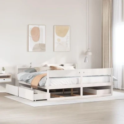 Image of vidaXL White Bed Frame with Headboard Solid Pine Wood 224.5 x 206 82 cm Modern Double Storage Shelves Mattress Not Included