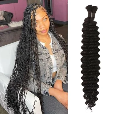 Image of Human Braiding Hair For Micro Braids 26 Inch 100g Long Deep Wave Bulk Wet and Wavy Boho Natural Color Knotless (1B#, Inch(50g/Bundle x2))