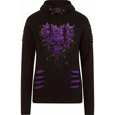 Image of Spiral Bleeding Heart Large Hood Ripped Hoody Purple Black S