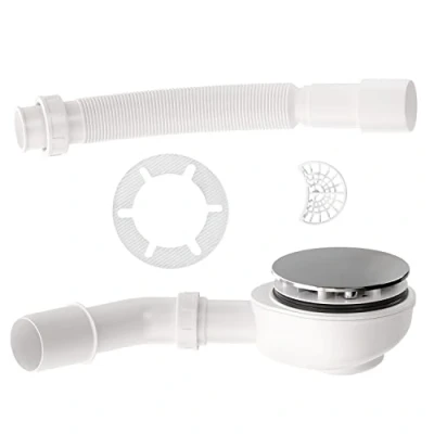 Image of Aquabad Set for Shower Tray extraflat Waste Trap with Chrome Cover Diameter 90mm + Drain Bend Flexible Hose