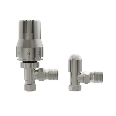 Image of Warmehaus Angled Thermostatic Radiator Valve TRV + Lockshield 15mm Satin Nickel