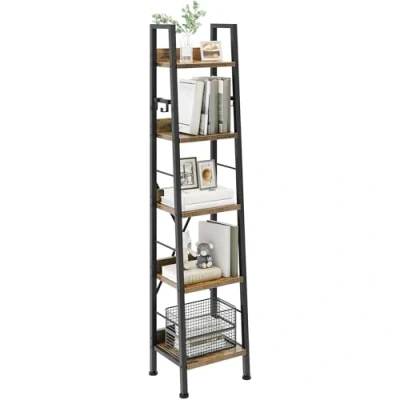 Image of YITAHOME Bookcase 5 Tiers, Industrial Ladder Shelf Floorstanding Book Wooden Shelves and Metal Frame Rack Modern Shelving Unit for Living Room, Hallway, Office, Rustic Brown Bookshelf