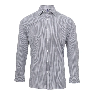 Image of Premier Mens Microcheck Long Sleeve Shirt (Navy/White) Cotton Size Small