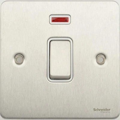 Image of Schneider Electric Ultimate Flat Plate Single Light Switch, with Neon Indicator, Double Pole, 20AX, GU2211WSS, Stainless Steel White Insert
