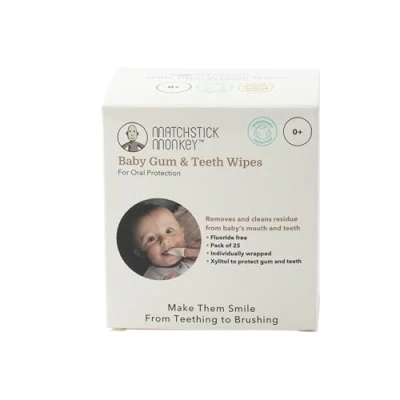 Image of Matchstick Monkey Baby Gum &amp; Teeth Wipes, Gently Remove Milk Sugars Residue, Flouride Free Wipes Prevent Plaque Buildup, 0 Months +, Pack of 25