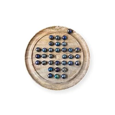 Image of 30cm Diameter MANGO WOOD solitaire board game with SPARKLY JUPITER GLASS MARBLES classic wooden strategy