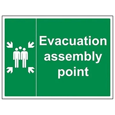 Image of V Safety 17012BF R Evacuation Assembly Point Sign Landscape 400mm x 300mm 1mm Rigid Plastic, Green