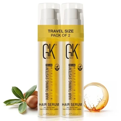 Image of GK Hair Pack of 2 Keratin Travel Size Anti Frizz Serum Vegan Organic Argan Oil Smoothing Strengthening Treatment Hydrating Nourishing Heat Protection Shine Repair for Dry Damaged 20ml
