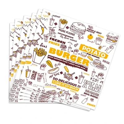 Image of Greaseproof Paper Sheets, 100PCS Baking Wrapping Sheets Food Basket Liners for Deli Breads French Fries Sandwiches Pizza Burgers Hot Dogs (11.22x11.6inch)