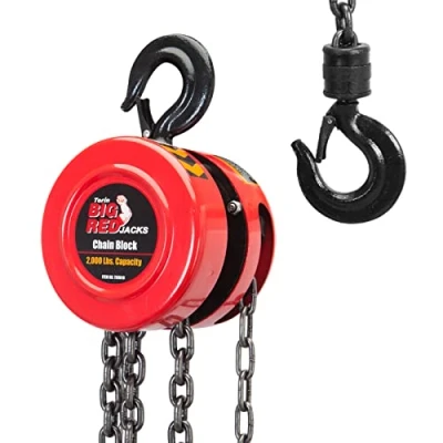 Image of Big Red Hand Chain Hoist 1 Ton 2000 Lbs Capacity 8ft/2.5m Torin Manual Fall with 2 Heavy Duty Hooks, for Warehouse Automotive Machinery, Red, TR9010