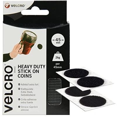Image of VELCRO Brand, Heavy Duty Stick on Coins, Industrial Strength Hook &amp; Loop Self Adhesive Sticky Coins Perfect for Room Décor Home, Office, Garage Use, Black, 45mm x 45mm, Set of 6