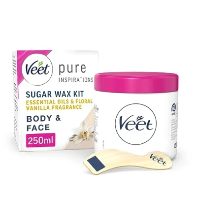 Image of Veet Sugar Wax Kit, Vanilla, 250ml, Hot Wax, Hair Removal Warm Kit For Removal, Face Strips, Dermatologist Tested, Smooth Skin, Waxing,