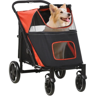 Image of PawHut Pet Stroller 4 Wheel Dog Travel Carrier Adjustable Canopy for Medium and Large Dogs Red