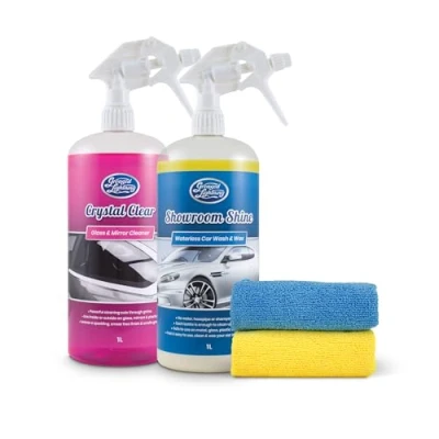 Image of Greased Lightning Bodywork &amp; Windows Twin Pack Showroom Shine 1L Waterless Wash and Wax Crystal Clear Glass Mirror Cleaner Plus 2 Microfibre Cloths