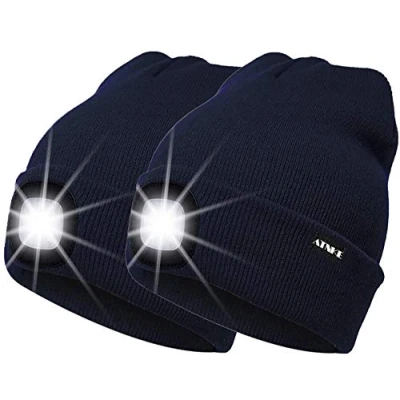 Image of ATNKE 2Pcs New Warm LED Lighted Beanie Cap Unisex USB Rechargeable Running Hat Ultra Bright 4 Waterproof Light Lamp Multi color/Navy