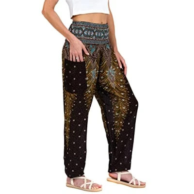 Image of Lofbaz Harem Pants for Women Yoga Boho Hippie Clothing Womens Palazzo Bohemian Pajama Trousers Beach Indian Gypsy Genie Clothes Peacock 1 Brown M