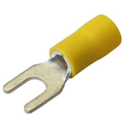 Image of 4.3 yellow fork terminal crimp connector (for 4mm bolt or screw) 25 50 100 pack (50)