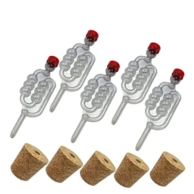 Image of Almost Off Grid 5 x Bubbler Airlocks and Bored Cork Bungs for Glass Demijohns, Homebrewing, Winemaking, Mead Making, Beer Cider Fermenting