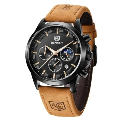 Image of BY BENYAR Mens Watches Analog Quartz Chronograph Waterproof Luminous Watch for Men Business Work Casual Stylish Leather Strap Dress Men&#039;s Wrist Elegant Gifts