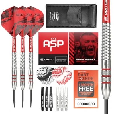 Image of TARGET Darts Nathan Aspinall 23G 80% Tungsten Steel Tip Set 9 Pro Grip Shafts Ultra Flights Dart Wallet Bundle