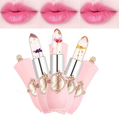 Image of Pakivs 3Pcs Crystal Flower Jelly Lipstick Set,Magic Temperature Color Change Lip Gloss Long Lasting Clear Nutritious Moisturizer Balm (Pink)