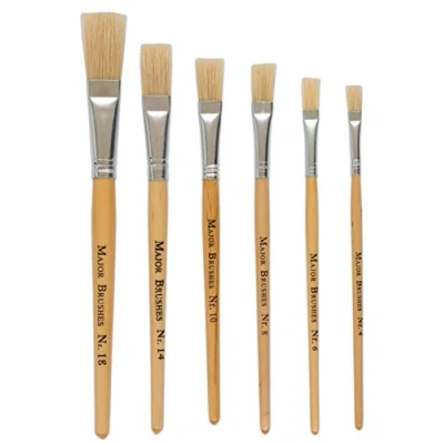 Image of Pack 6 Hog Bristle Short Handle Brush Flat Tip Sizes 4,6,8,10,14,18