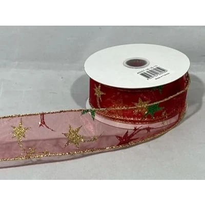 Image of 2 Meters x 38mm Wired Red Organza Sheer Glitter Stars Christmas Ribbon Style 3.8cm