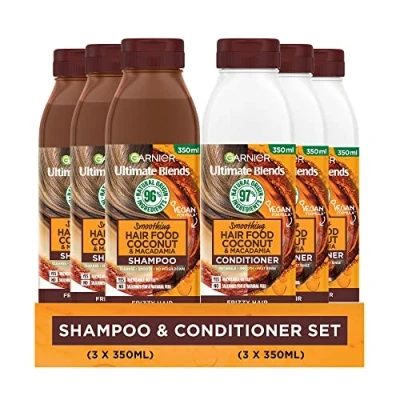 Image of Garnier Shampoo &amp; Conditioner Set by Ultimate Blends, Smoothing Coconut Hair Food For Curly and Frizzy Hair, 98 Percent Natural Origin Ingredients,3 x 350ml 3