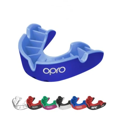 Image of OPRO Silver Level Adult and Kids Sports Mouthguard with Case, Gum Shield Featuring Revolutionary Fitting Technology for Hockey, Lacrosse, Rugby, MMA,Boxing Combat (Dark Blue/Blue, Youth)
