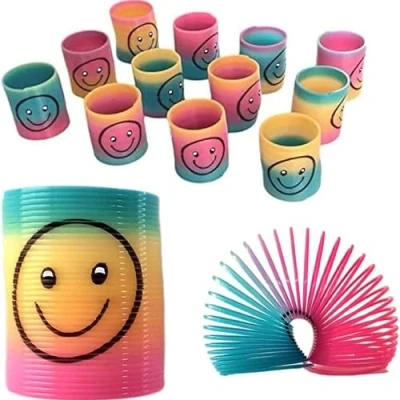 Image of SHATCHI 12 Mini Rainbow Smiley Face Springs Slinky Pinata Party Loot Bag Fillers Toy, Multi,12pcs