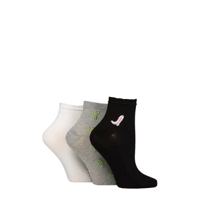 Image of Elle Ladies Bamboo Anklet Socks With Frill Welt Cuff, Embroidered Motifs, Textured Weaves,Ribbed in Soft Breathable Cooling Material Multipack of 3 Pairs Size 4 8 Wild West