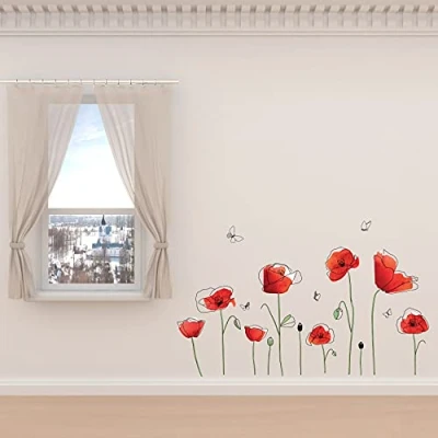 Image of WALPLUS Poppy Butterflies Wall Stickers Nursery Removable Self Adhesive Mural Art Decals Vinyl Home Decoration DIY Living Bedroom Decor Wallpaper Kids Room Gift Stick on