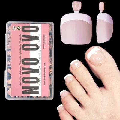 Image of NOVO OVO Fake Toe Nail Tips Press on, French Tip Soft Gel Toenail Extension, LIGHT PINK Square Round Pre applied Primer &amp; Base Coat, Full Cover Matte False Nails for DIY x 15 Sizes 360Pcs