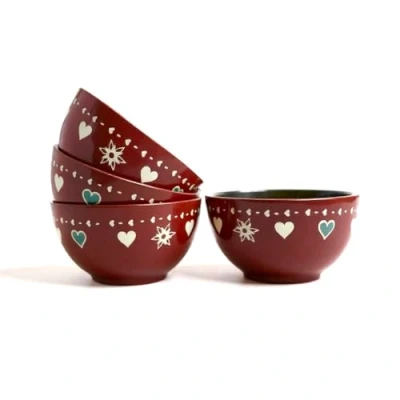 Image of Anytime Set of 4 red Ceramic 450ml Cereal Bowls with Heart Design. Soup Bowl/Rice Bowl/Dessert Bowl/Breakfast Bowl/Salad BowlDishwasher and Microwave Safe.
