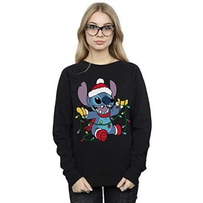 Image of Disney Women&#039;s Lilo and Stitch Christmas Lights Sweatshirt Black Large