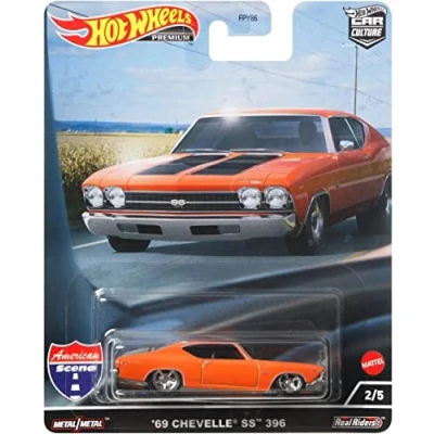 Image of Hot Wheels Premium 1969 Chevy Chevelle SS 396 Orange with Black Stripes American Scene Car Culture Series Diecast Model HCJ83